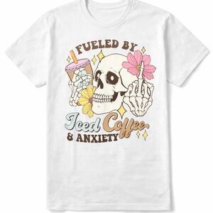 Fueled By Iced Coffee & Anxiety Graphic Tee – Skull Coffee Shirt – Trendy